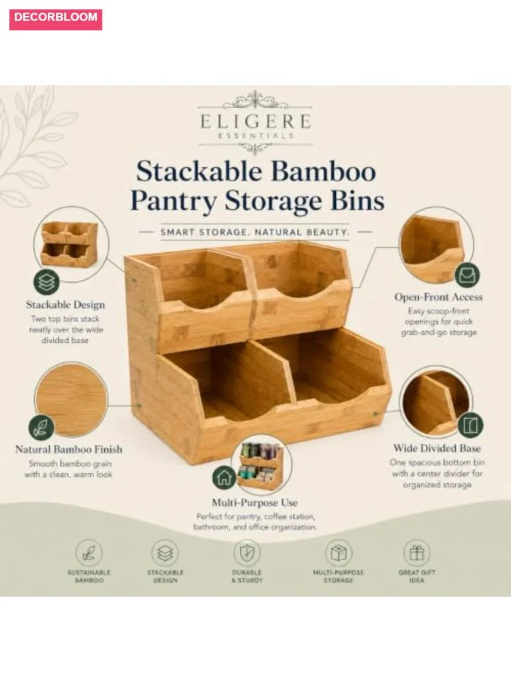 Bamboo Stackable Pantry Storage Bins Set 3 Piece Potato Onion Kitchen Organizer